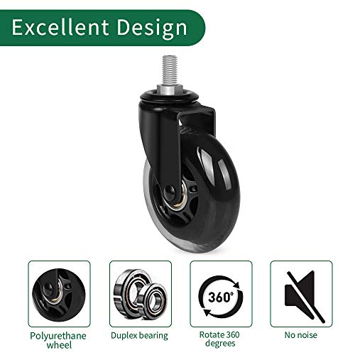 Replacement Office Chair Caster Wheels by 8T8, Set of 5, Rubber Chair Casters with Threaded Stem 3/8''-16X1(NOT Metric M10), Quiet and Smooth Gliding,Safe for Woood Hardwood Carpet Floors - style: No Nuts