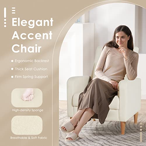 COLAMY Mid-Century Modern Accent Chair, Fabric Upholstered Living Room Chair with Back Pillow & Solid Wood Legs, Comfy Armchair for Living Room, Bedroom, Single Sofa, Beige - color: Beige, size: Set of 1