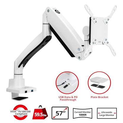 SIIG Heavy-Duty Monitor Arm, 17"-57", 59.5 lbs, USB-C 100W, CE-MT3Z11-S1 | Mount a 17"-57" ultrawide monitor up to 59.5 lbs; top C-clamp or grommet mounting and USB-C 100W fit heavy-duty desks.
