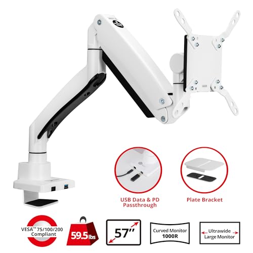 SIIG Heavy-Duty Monitor Arm, 17"-57", 59.5 lbs, USB-C 100W, CE-MT3Z11-S1 | Mount a 17"-57" ultrawide monitor up to 59.5 lbs; top C-clamp or grommet mounting and USB-C 100W fit heavy-duty desks.