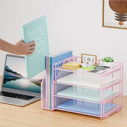 Marbrasse 4-Tier Paper Tray Organizer with File Holder, Pink | Sturdy Paper Tray, Built-in File Holder, fits Letters/Docs, Saves Desk Space, for School/Office/Home - color: Pink