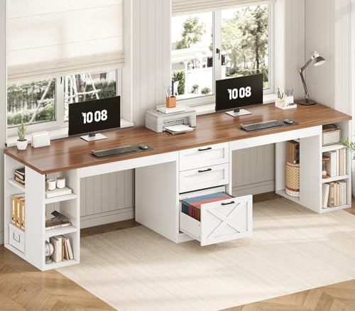 SEDETA Farmhouse 96.5" 2 Person Computer Desk with Storage Drawers | Home Office Desk, Gaming Double Desk, Long Two Person Writing Desk with Shelves, White and Brown - color: White and Brown