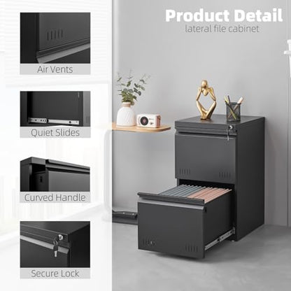 Guizeeopo 2 Drawer File Cabinet with Lock, Vertical File Cabinets for Home Office, Printer Stand, Heavy Duty Steel Office Storage Cabinet for Letter/Legal/A4, Assembly Required(Black) - color: 13-g Black