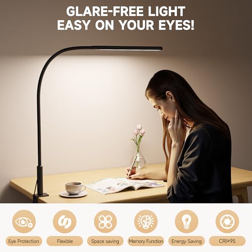 Clamp on Desk Lamp for Home Office, Eye-Caring Jigsaw Puzzle Desk Light | Desk Lamp with Clamp Mount, 3 Colors Stepless Dimming, Flexible Gooseneck Table Lamp with Adapter for Sewing, Black - color: Black Pro