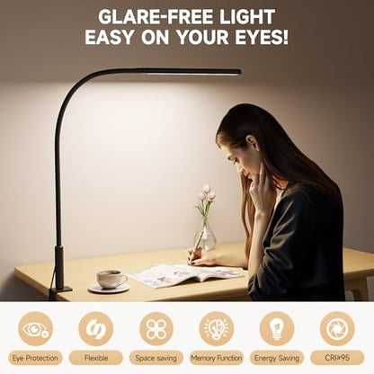 Clamp on Desk Lamp for Home Office, Eye-Caring Jigsaw Puzzle Desk Light | Desk Lamp with Clamp Mount, 3 Colors Stepless Dimming, Flexible Gooseneck Table Lamp with Adapter for Sewing, Black - color: Black Pro