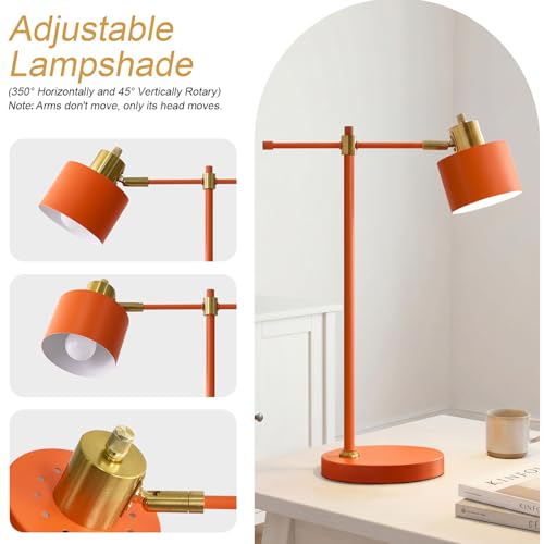 22.2" Modern Desk Lamp, Metal Table Lamp with LED Bulb, Adjustable Reading Lamps for Living Room, Mid Century Task Lamp for Home Office, Industrial Bedside Lamps with Solid Base, Orange - color: Orange