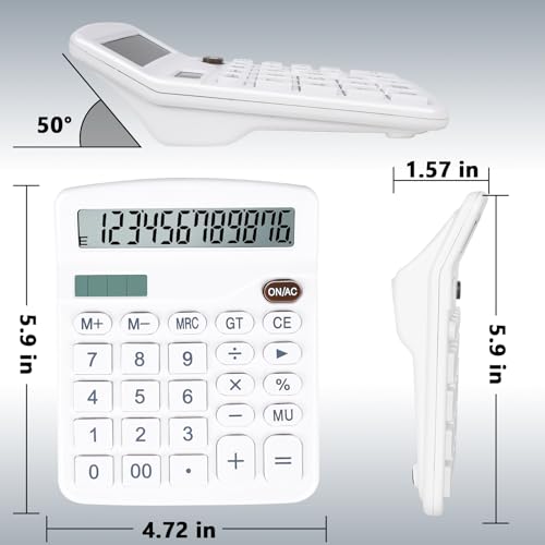 Cute White Desktop Calculator with Big Buttons, Dual Power Source | Solar and Battery, Large Display Screen - Perfect for Office, Teachers, and Students (White) - color: White