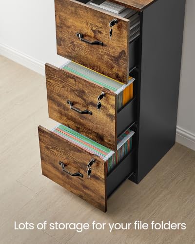 VASAGLE 3 Drawer File Cabinet with Locks, for A4, Letter Sized Documents - color: Rustic Brown, size: 3 Drawers
