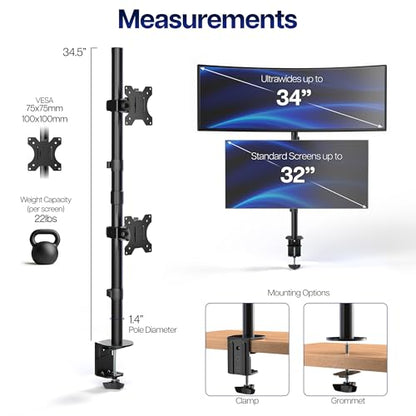 VIVO Dual Vertically Stacked Monitor Desk Mount, Extra Tall Adjustable Stand for 2 Ultrawides up to 34 inches, 22 lbs Capacity, Black, STAND-V002T | Black, Adjustable Monitor Arm, Grommet or C-Clamp Mounting, Vertical Computer Stand for 2 Monitors, Holds