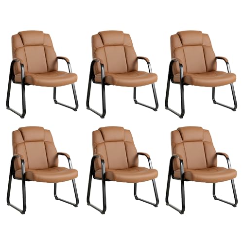 Okeysen Big & Tall Waiting Room Chairs Set of 6, PU Leather Reception Guest Chair with Padded Arm Rest, Office Desk Chair with Sled Base No Wheels, for Office Meeting, Conference Room, Lobby, 500lb - color: Brown, size: Set of 6