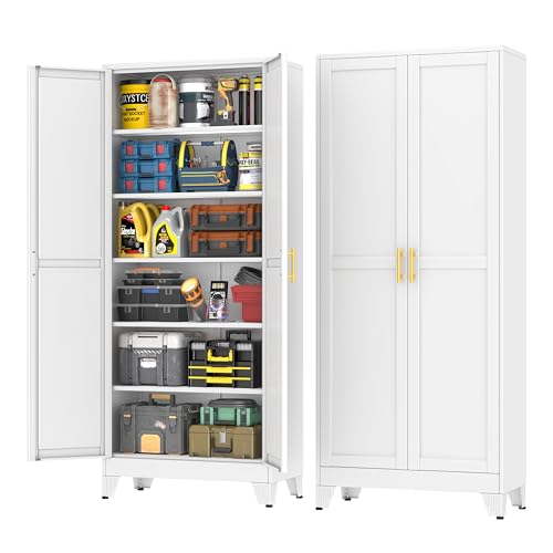 pozdeg 75" White Heavy Duty Metal Garage Storage Cabinet | Tool Cabinet with 2 Doors and 5 Adjustable Shelves, Steel Organizer Cabinet for Garage, Home, Office & Basement - color: White, size: 15.75"D x 31.5"W x 74.8"H