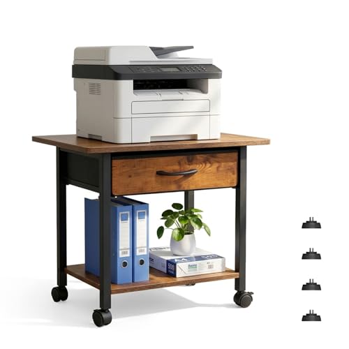 22" x 15" Under Desk Rolling Printer Stand, 2-Tier Industrial Mobile Printer Table with Strong Fabric Drawer,Storage Shelf, Steel Frame and Lockable Wheels, Printer Cart for Home Office (Rustic Brown) - color: Rustic Brown