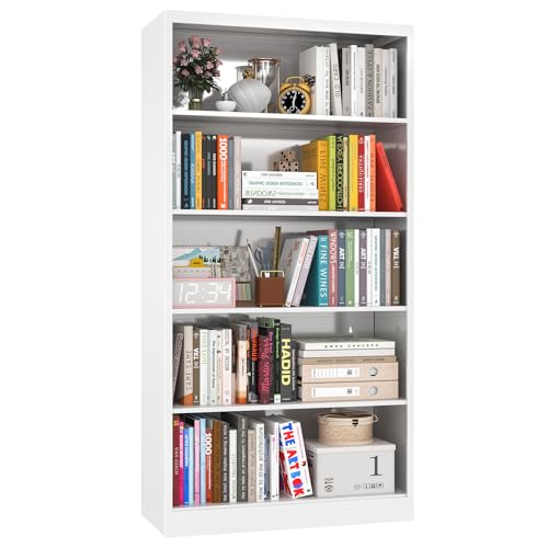 OSEILLC Bookcase,5 Tier White Bookshelves,55" Tall Free Standing Metal Bookcase with Adjustable Storage Shelves, Wide Bookshelf for Bedroom Living Room Home Office School (White) - color: White, size: 55"H*27.5"W