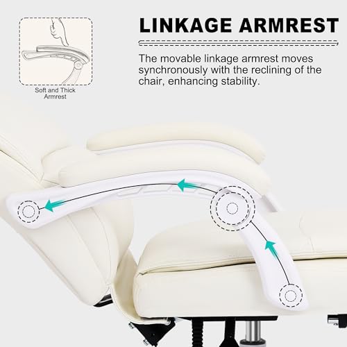 Misolant Big and Tall Office Chair with Footrest, High Back Desk Chair with Linkage Armrest, 90-155° Recline Executive Computer Chairs with Adjustable Height for Home - color: Beige White