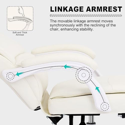 Misolant Big and Tall Office Chair with Footrest, High Back Desk Chair with Linkage Armrest, 90-155° Recline Executive Computer Chairs with Adjustable Height for Home - color: Beige White