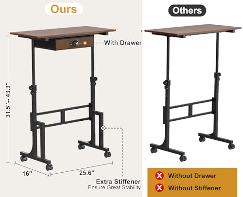 Adjustable Height Standing Desk With Drawer, Rolling Sit Stand Up Desk With Wheels, Small Sit To Stand Computer Desk, Adjustable Desktop Height, On Wheels, Brown, For Walking Pad Laptop Treadmill - color: Brown