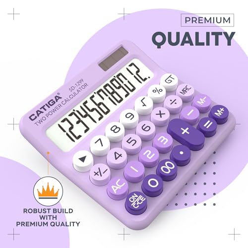 CATIGA Mechanical Switch Calculator with Solar and Battery Dual Power, 12-Digit Large LCD Display, Aesthetic and Cute Desktop Calculator with Big Button, for Home, School and Office Use, SD-1299 - color: Z) Lavender
