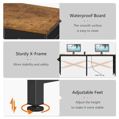 95" 2 Person Desk with 8 Fabric Drawers for Home Office, Living Room - color: Rustic Brown, size: 18.9"D x 94.5"W x 29.3"H