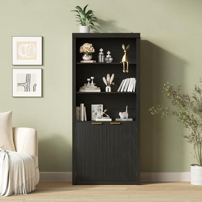 Modern Tall Book Shelf and Bookcase, 31.5"Wide Bookshelf with Doors, Farmhouse Book Case with Adjustable Top Shelf, Wood Storage Cabinet with 5 Tier Display Shelves for Home Office, Living Room, Black | Farmhouse Book Case with Storage, Wood Storage Cabin