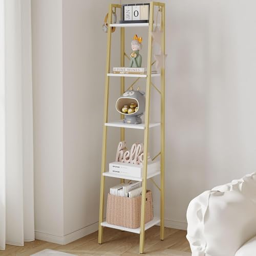 Hzuaneri Ladder Shelf, Bookshelf, Freestanding Corner Storage Shelf | Bookcase with 2 Hooks for Office, Living Room, Kitchen, Bedroom, Industrial, 11.8"D x 13.4"W x 63"H, White Gold BC03213G - color: White Gold, size: 11.8"D x 13.4"W x 63"H
