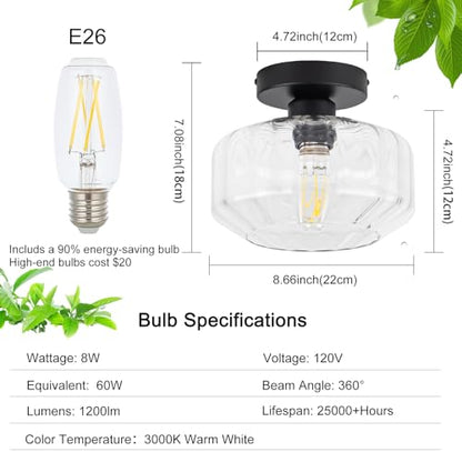 Tbaoinal Semi Flush Mount Ceiling Light with Diamond Glass Shade, 36-Faceted Panels Create Starburst Effect, 1200LM LED Bulb Included Matte Black Ideal for Hallway Entryway Kitchen Bathroom Bedroom - color: Matte Black