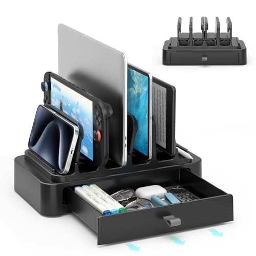 KDD Vertical Laptop Stand with Drawer - 7-in-1 Space-Saving Laptop Holder with Gravity Locking Fits MacBook, Dell, HP, Chromebook, Surface Pro, Tablet, Cell Phone, Switch, Keyboard Desktop Organizer