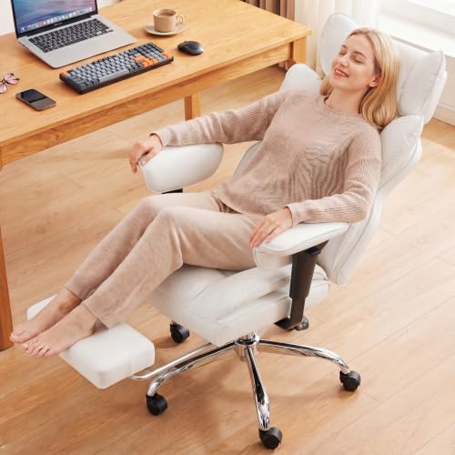 DUMOS Big and Tall Home Office Desk Chair, Executive Chair with Footrest - color: White-l, size: Adjustable Armrest