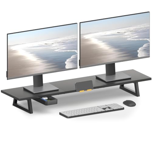 TEAMIX 39.4 inch Dual Monitor Stand Riser with Drawer & Phone Holder, Black | For Computer, Laptop,Printer, Wood & Steel, Holds 100 lbs, Keyboard Storage Underneath, For Home Office Gaming Organization - color: Black, size: 39.4 inch