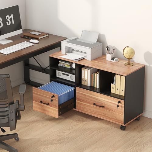 2 Drawer File Cabinet for Home Office, Lockable Rolling Filing Cabinet with Adjustable Shelves, Wood Lateral File Cabinet with Lock, Printer Stand Office Storage Cabinet, Rustic Brown & Black - color: Walnut and Black-2 Drawers