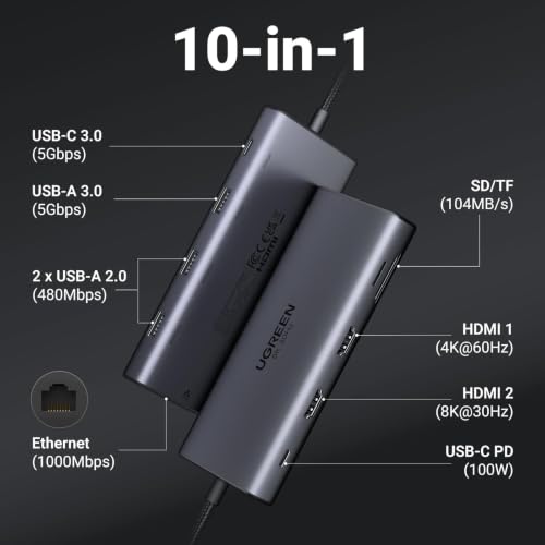 UGREEN USB C Docking Station Dual Monitor, 10-in-1 Laptop Dock with 2 HDMI