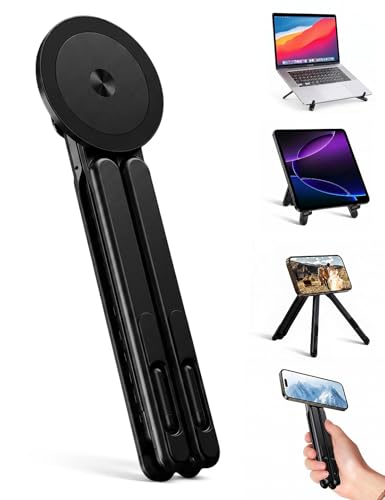 Magnetic Phone Stand & Foldable Laptop Riser, Matte Black Multi-Device Aluminum Desk Mount, N52 MagSafe Tripod Grip for Travel Office, Ergonomic Elevator for MacBook, iPad & iPhone - color: Black