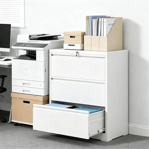 Industrial 36" W Premium Lateral File Cabinet with Lock, Metal Filing Cabinets, Adjustable Hangrails for A4, Legal, Letter Files, White - color: White, size: W36" - 3 Drawers