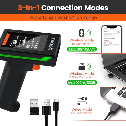 OBZ 2D Bluetooth Barcode Scanner with 2.4" Large LCD Screen,3-in-1 Wireless & Bluetooth & USB,Handheld 1D 2D PDF417 Data Matrix Image Scanner for Inventory,Retail,POS,Warehouse,Windows,Mac,iOS,Android - style: Bluetooth Scanner with Screen
