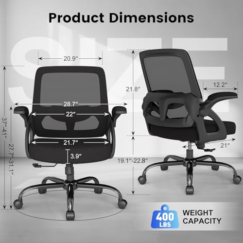 AnyGod Big and Tall Office Chair 400lbs Heavy Duty, Comfy Mesh Desk Chair | Wide Seat Computer Chair, Ideal for Heavy People, Ergonomic Design, Lumbar Support, Flip-up Armrests, Swivel Executive Chair