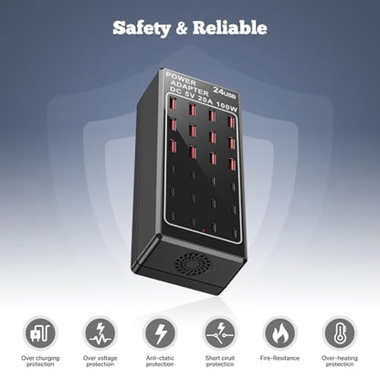 USB Charging Station Block, USB C Charger Station 24-Port 100W(20A), USB A Charger Block, Fast Charger Desktop Station, Multi-Function Smart Charger for Apple iPhone iPad Samsung Laptop Pixel - size: 24Ports(12A+12C)-100W