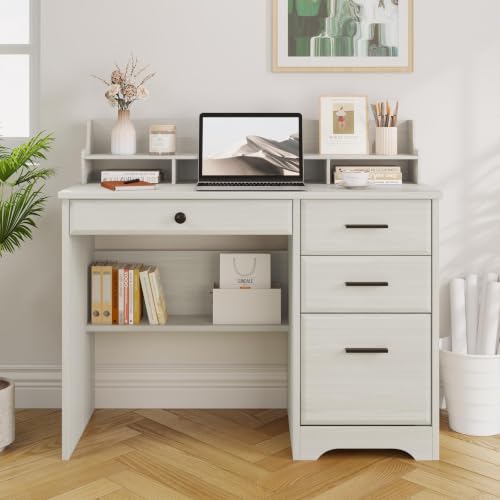 4 EVER WINNER Small Desk with Drawers for Small Spaces, 44'' Computer Desk with File Cabinet & Monitor Stand, Wood Writing Desk for Bedroom, Living Room, Off White - color: Off White