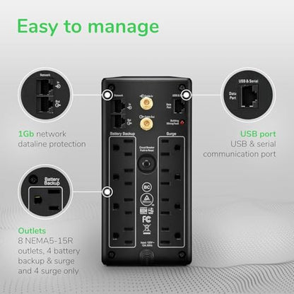APC 1000VA/600W Pro UPS Battery Backup for Office Electronics, AVR, BX1000M | 1000VA Back-UPS Pro for home offices — 8 outlets, LCD, AVR, surge protection, 42-min runtime (@100W) for PCs & workstations - size: 1000VA