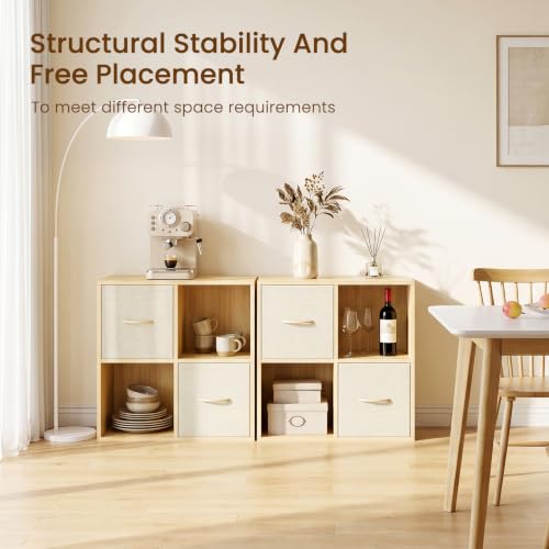 EXPERLAM 4 Cube Storage Organizer - Solid Wood Bookshelf with 2 Storage Bins, Cube Shelf with 2 Removable Back Panels, Vertical or Horizontal Bookcase, Open Book Shelf for Bedroom, Living Room, Office - size: 4 Cube Shelf