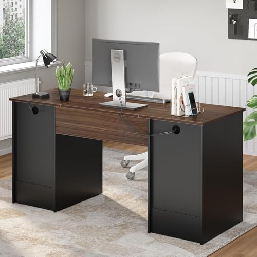 Bestier 59” Computer Desk with 4 Drawers, Office Desk with Storage, Industrial Executive Desk with File Drawer, Keyboard Tray & 2 Pedestals for Home Office & Studio, Cherry - color: Cherry