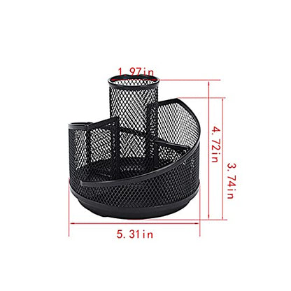 Mesh Rotating Desk Organizer, Black Pen Pencil Holder Metal Desktop Stationery Storage Caddy, 5 Grids Desk Organizer for Home Office Art Supplie, Pen Holder For Desk, Pen Holder Pen Cup Marker Holder