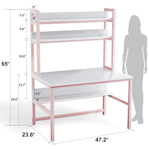 Aquzee Pink Desk with Shelves, Computer Desk with Hutch, 47 Inch - color: Pink, size: 47inch