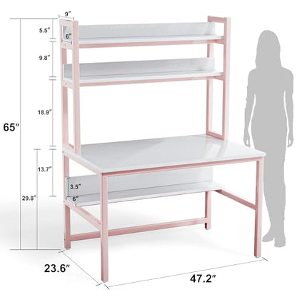 Aquzee Pink Desk with Shelves, Computer Desk with Hutch, 47 Inch - color: Pink, size: 47inch