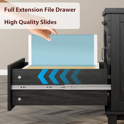 GarveeHome Farmhouse Executive Desk with File Drawers, 60 in Home Office Desk with Charging Station, Wooden Computer Desk with Cabinet Storage for Work Study Writing, Rustic Black - color: Rustic Black