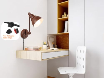 GOODATE 1 Pack Plug in Wall Sconce with Remote Control, Dimming, Adjustable Colors 2700K-6500K, Plug in Wall Light, Swing Arm Wall Lamp with Night Light & Timer, LED Bulb Included, Walnut Finish - size: Walnut-1 PACK(Bulb+Remote)