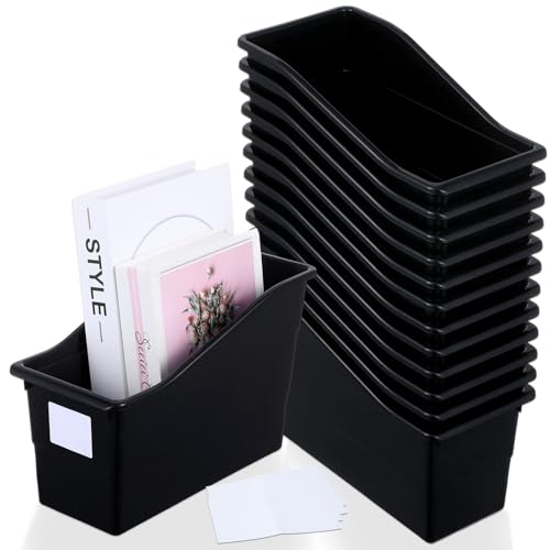 gisgfim 12 Pack Large Book Bins with Labels (Black) | Durable Plastic,Stackable Magazine Organizer,Storage Bins for Classroom,Library,Office,Bookshelf Categorization - color: Black