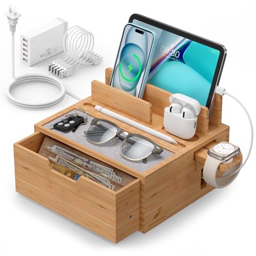 Pezin & Hulin Charging Station Dock with Charger HUB and Cables-Natural | Nightstand Docking Station with Lined Tray & Drawer for Multi Device, Compatible with Tablet, Cell Phones, Watch & Earbuds - color: Natural (With Charger)