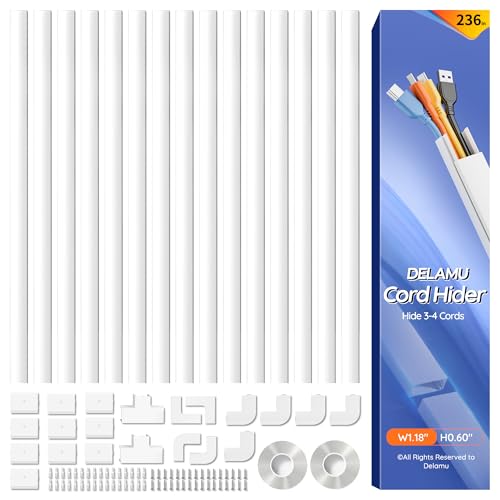 Delamu 236in Cord Hider, Professional Cable Cover Kit for Wall, TV Wire Hider for Wall Mounted TV, Raceway Cover on Management Wires, Cable Concealer, 1.18'' H x 0.60'' W, White - color: White, size: 236in x 1.18in x 0.60in