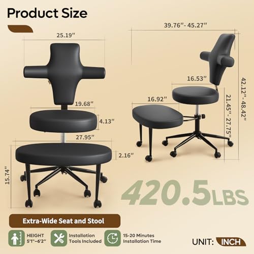 Extra Wide ADHD Cross Legged Office Chair, 360° Swivel Kneeling Meditation | Extra-wide cross-legged kneeling chair with reversible seat, 360° swivel, adjustable height—for ADHD, meditation & comfort - color: Pu Black