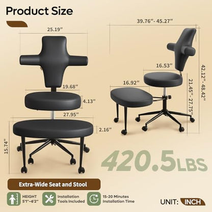 Extra Wide ADHD Cross Legged Office Chair, 360° Swivel Kneeling Meditation | Extra-wide cross-legged kneeling chair with reversible seat, 360° swivel, adjustable height—for ADHD, meditation & comfort - color: Pu Black