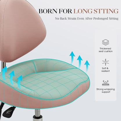 Saddle Stool Rolling Chair for Medical Massage Salon Spa Drafting,Adjustable Hydraulic Stool with Wheels (Pink with Backrest) - color: Pink With Backrest